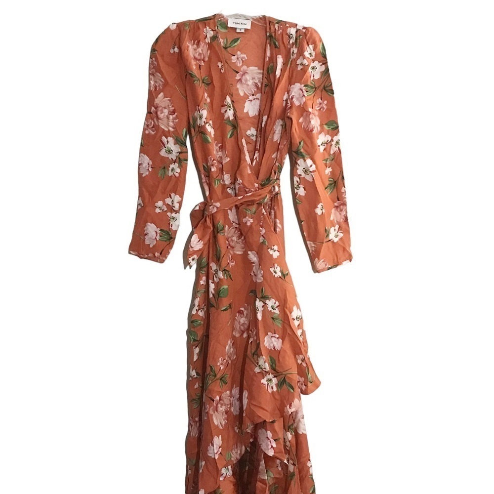 Yumi Kim orange floral long sleeve wrap asymmetric dress Size s NWOT